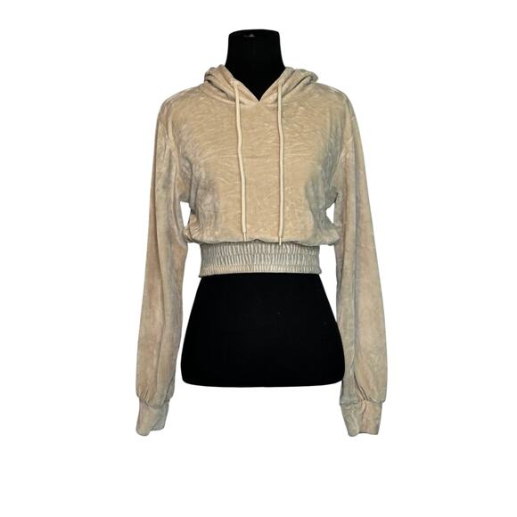 Roma Concept beige velvet long sleeves crop hoodie sweater size Small - Picture 15 of 15